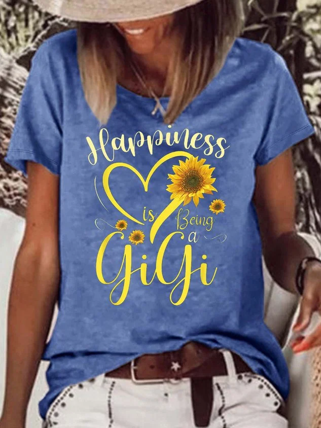 Women's Happiness Is Being A Gigi Sunflower Casual Crew Neck Letters T-Shirt socialshop