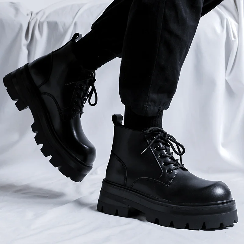 Qengg Qengg Boots Men In Autumn And Winter Increased Tooling Locomotive Wind Super Fire Leather Boots Big Head Advanced Sense Ankle Boots 9133-Y