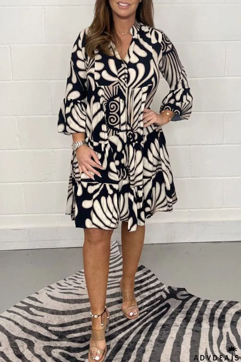 Casual Striped Print Patchwork V Neck A Line Dresses