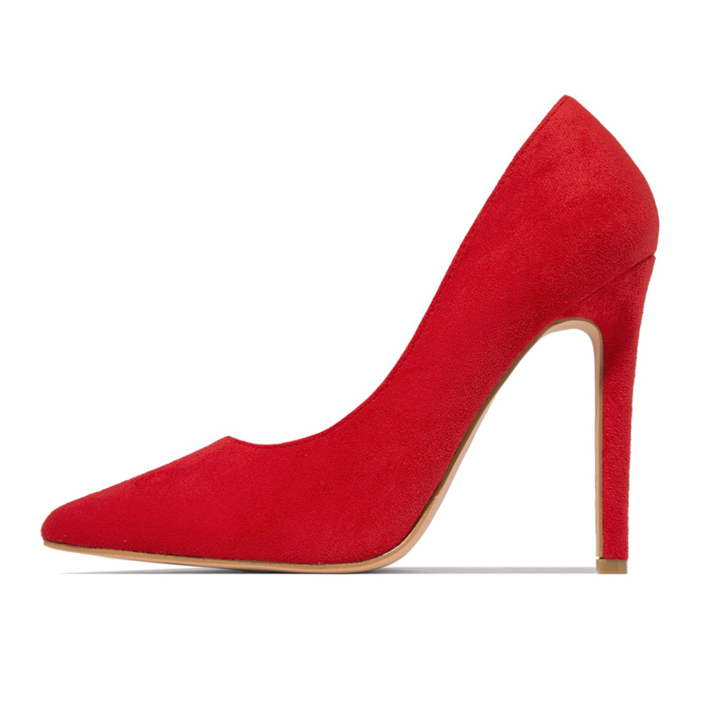 Chic Faux Suede Pointed Toe Stiletto Heel Pumps Shoes in Red Nicepairs