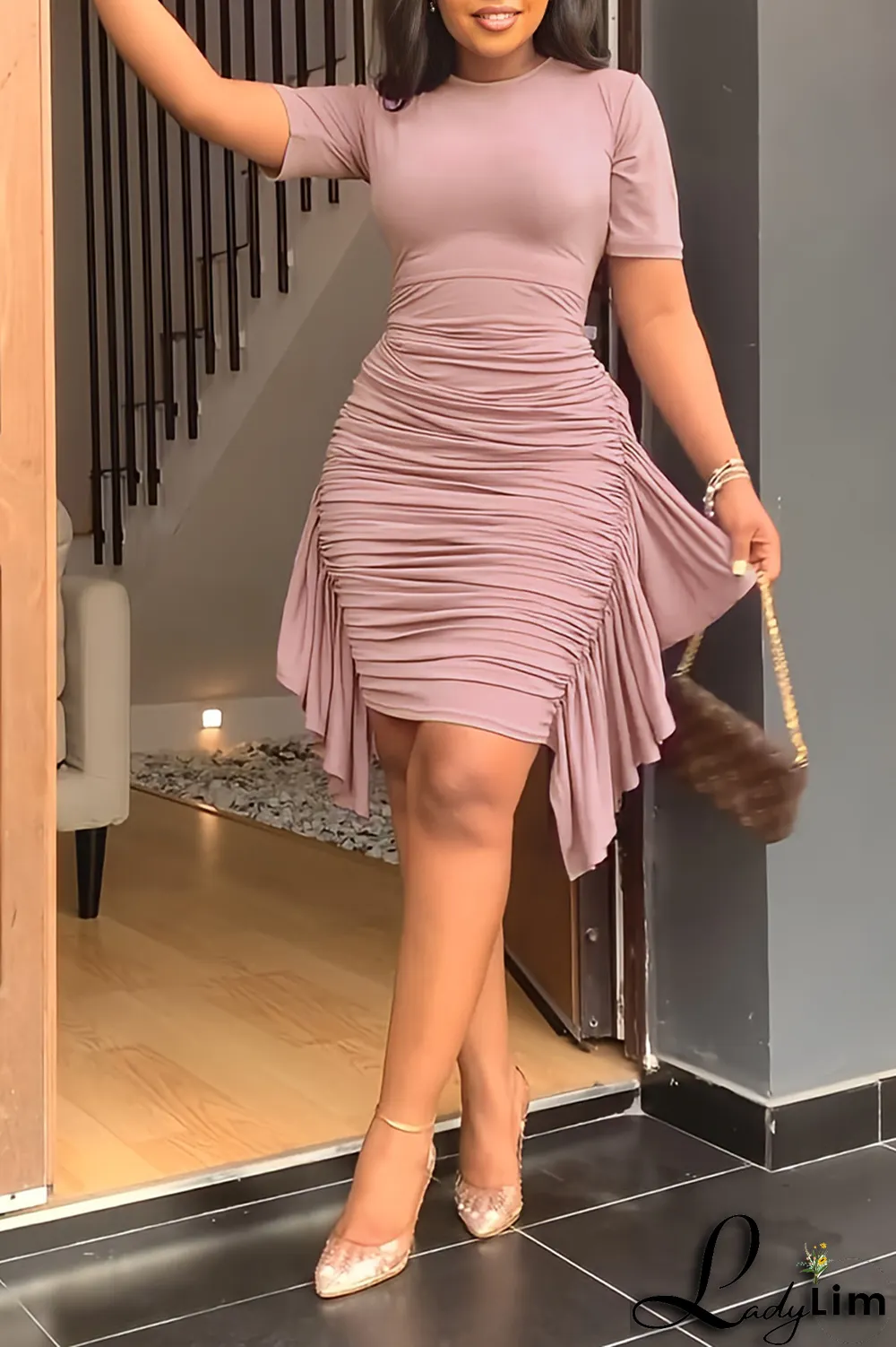 Yellow Fashion Solid Flounce Fold O Neck Pencil Skirt Dresses