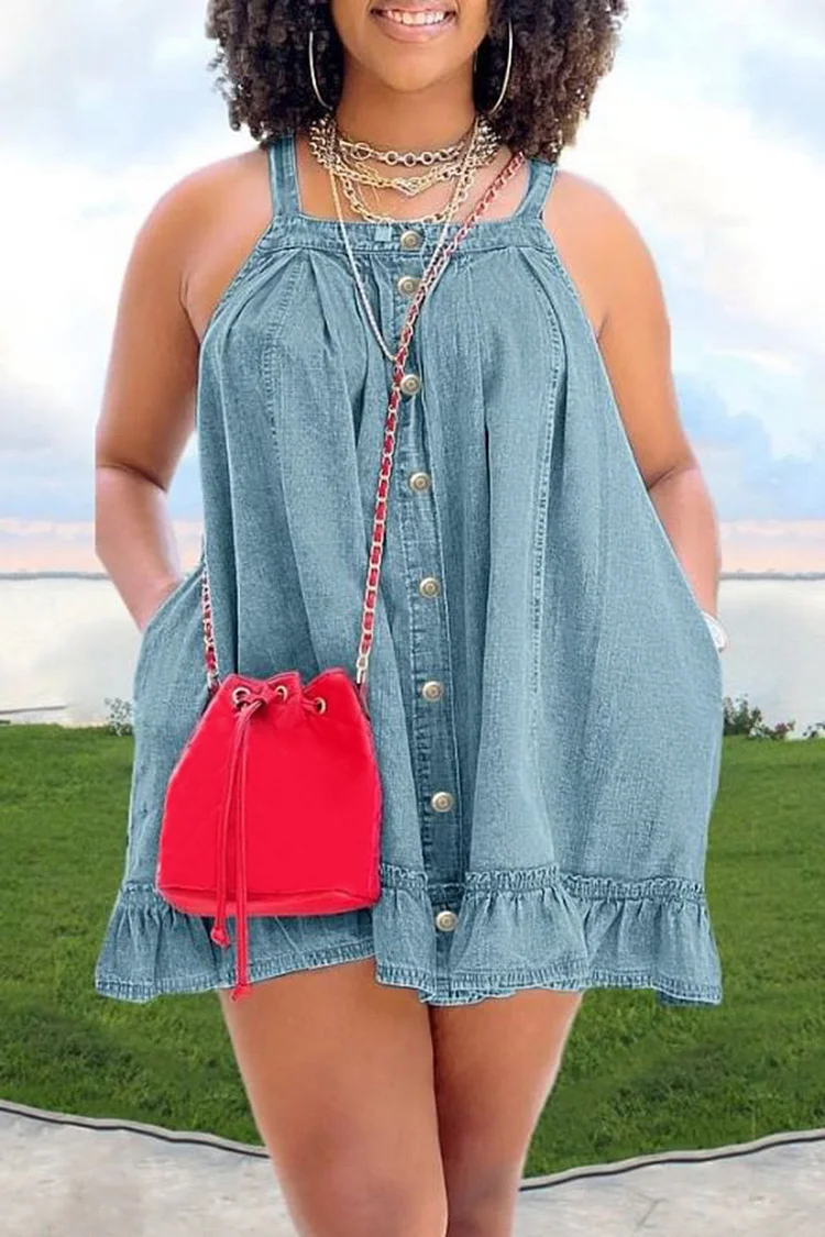 Xpluswear Plus Size Blue Denim Casual Strappy With Pocket Ruffle Mini Dress 