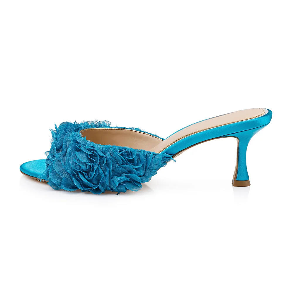 YDN Peep Toe Stiletto Heel Slip On Ruffle Mules Shoes in Blue