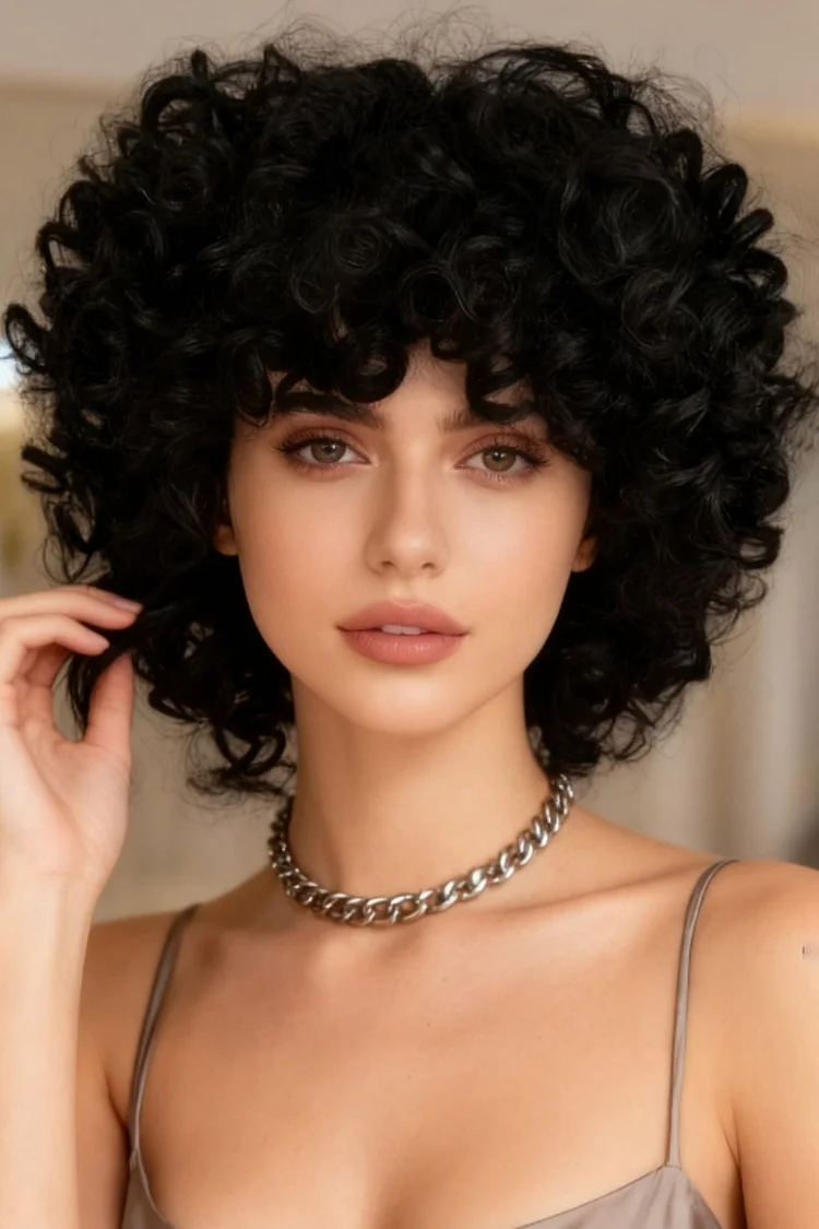 Daily Black Curly Textured Blunt Fringe Short Bob Wigs 2024 - Xpluswear