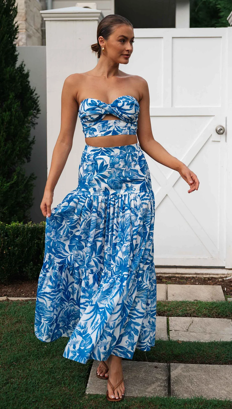Two Piece Vacation Printed Strapless Maxi Dress Set