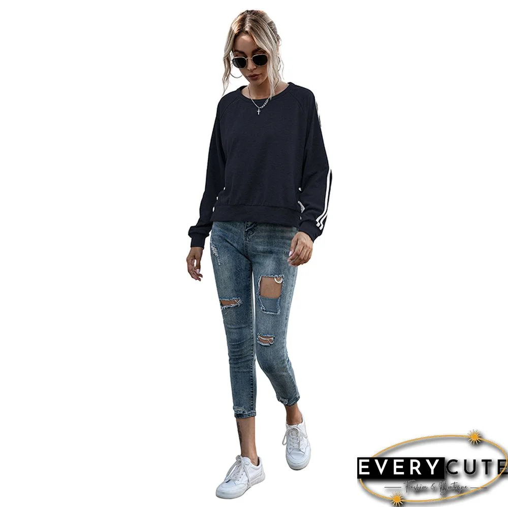 Navy Blue Stripe Long Sleeve Side Lace Up Sweatshirt