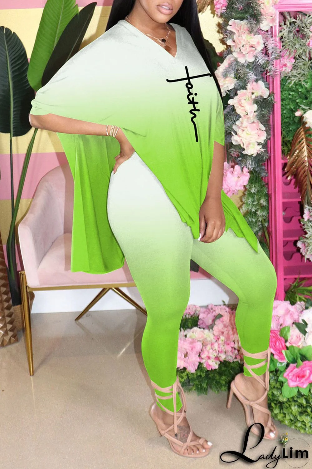 Black Casual Gradual Change Print Patchwork Slit V Neck Half Sleeve Two Pieces