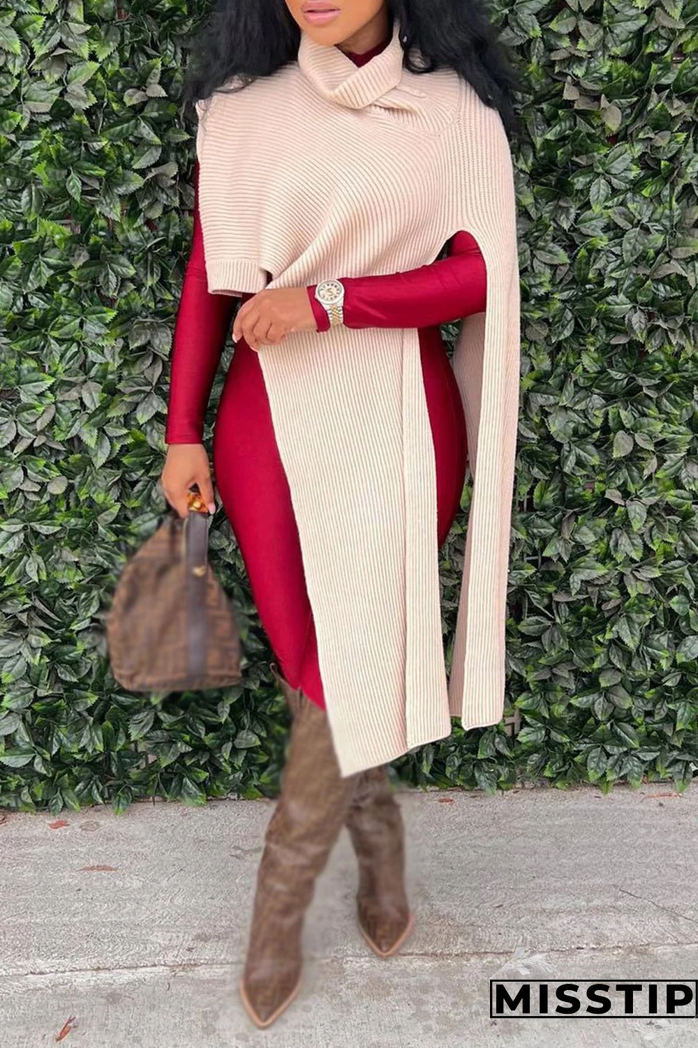 Red Street Solid Patchwork Slit Asymmetrical Turtleneck Tops