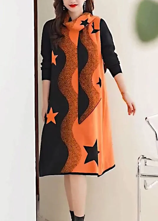 Elegant Orange Print Cozy Cotton Knit Two Piece Suit Long Sleeve