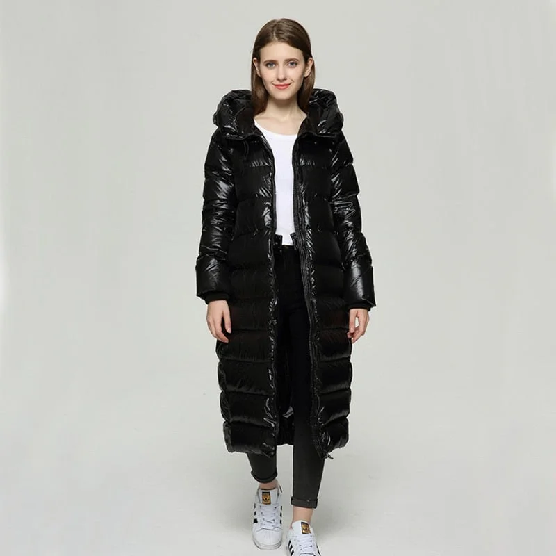 FTLZZ Winter Hooded Patent Leather Long Jacket Women Loose Thick Warm Snow Parkers White Duck Down Coat Waterproof Outwear