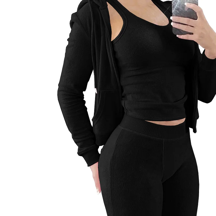 PASUXI New Arrival Custom Logo Hoodies Sweatshirts Toweling Bodysuit Tracksuits Vest Short Sweatshirt Pants 3 Piece Set Women huanwei