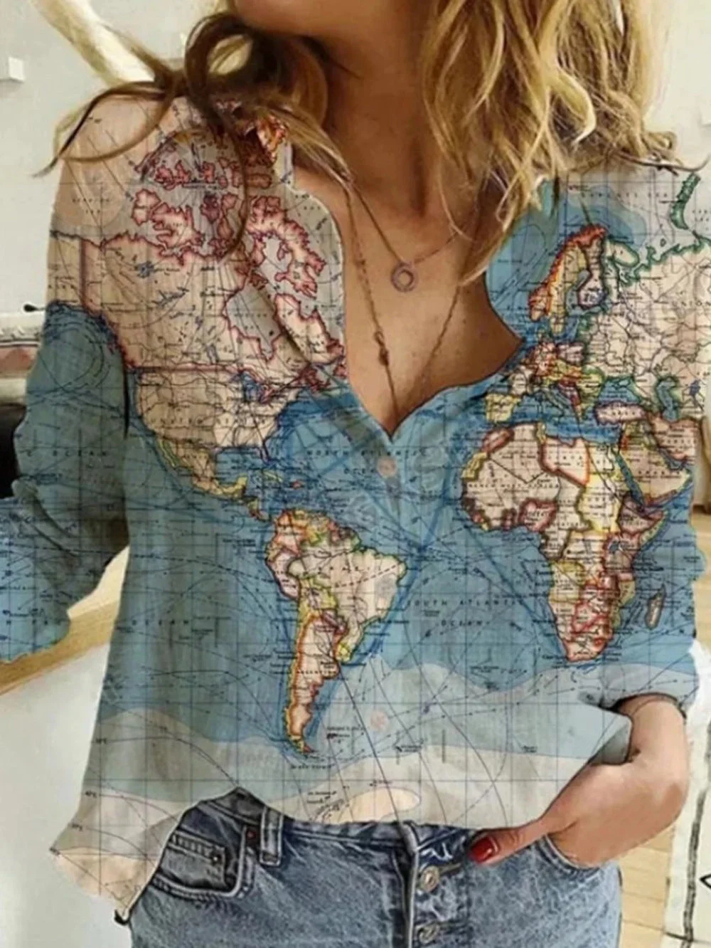 Uveng Map Straight Type Printed Long-sleeved Women's Shirt
