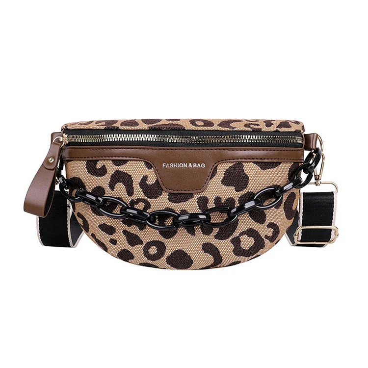 Fashion Leopard Fanny Pack Women Chest Bag Chain Crossbody Pouch (Brown)