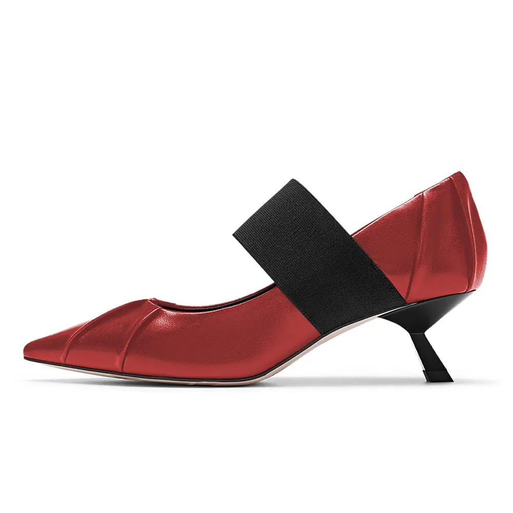 Red Kitten Heel Pleated Pointed Toe Simple Mary Jane Pumps