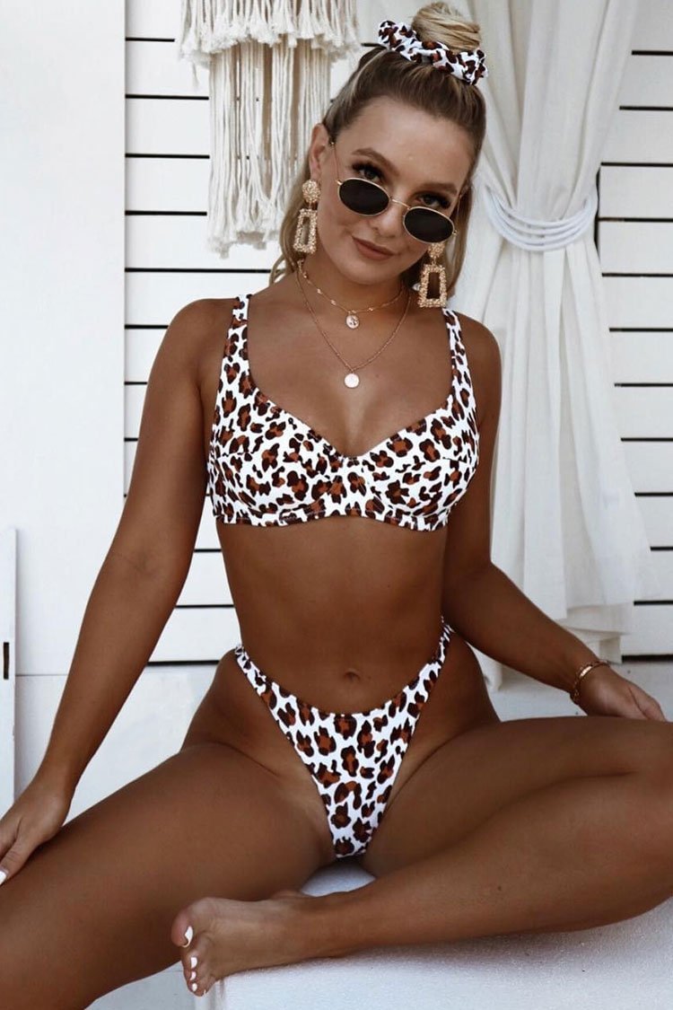 High Leg Leopard Printed Underwire Thong Bikini Swimsuit - Two Piece Set-elleschic