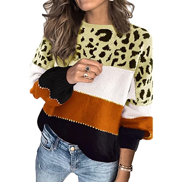Women's Sweaters Casual Long Sleeve Crewneck Color Block Patchwork Pullover Knit Sweater Tops