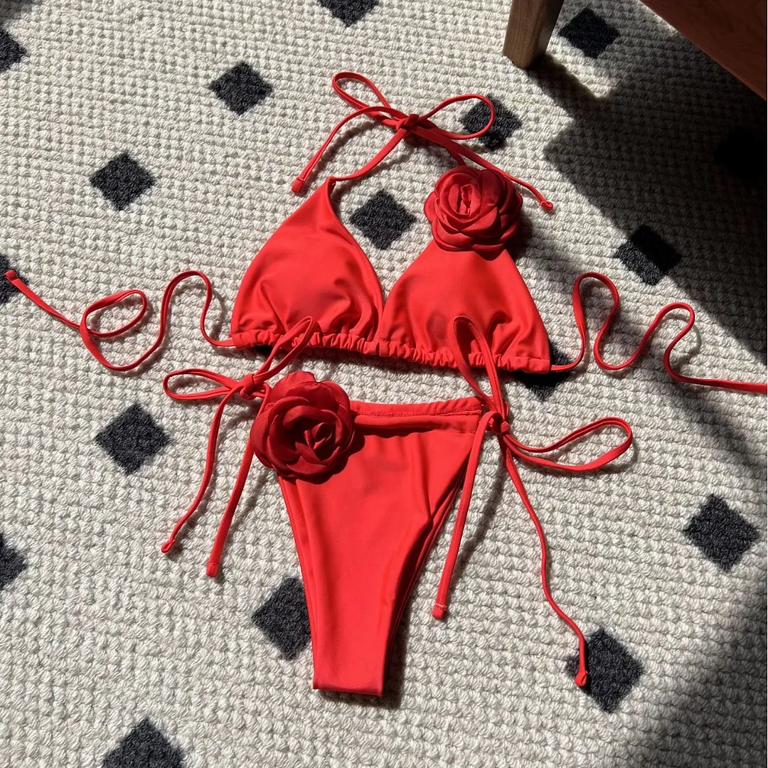 Churchf 2024 European New Solid-Color Rose Drawstring Split Swimsuit Bikini9187