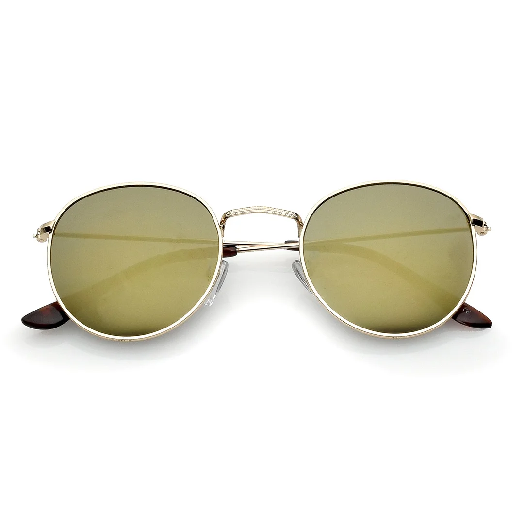 Classic Metal Slim Temple Textured Nose Bridge Mirrored Lens Round glasses 49mm