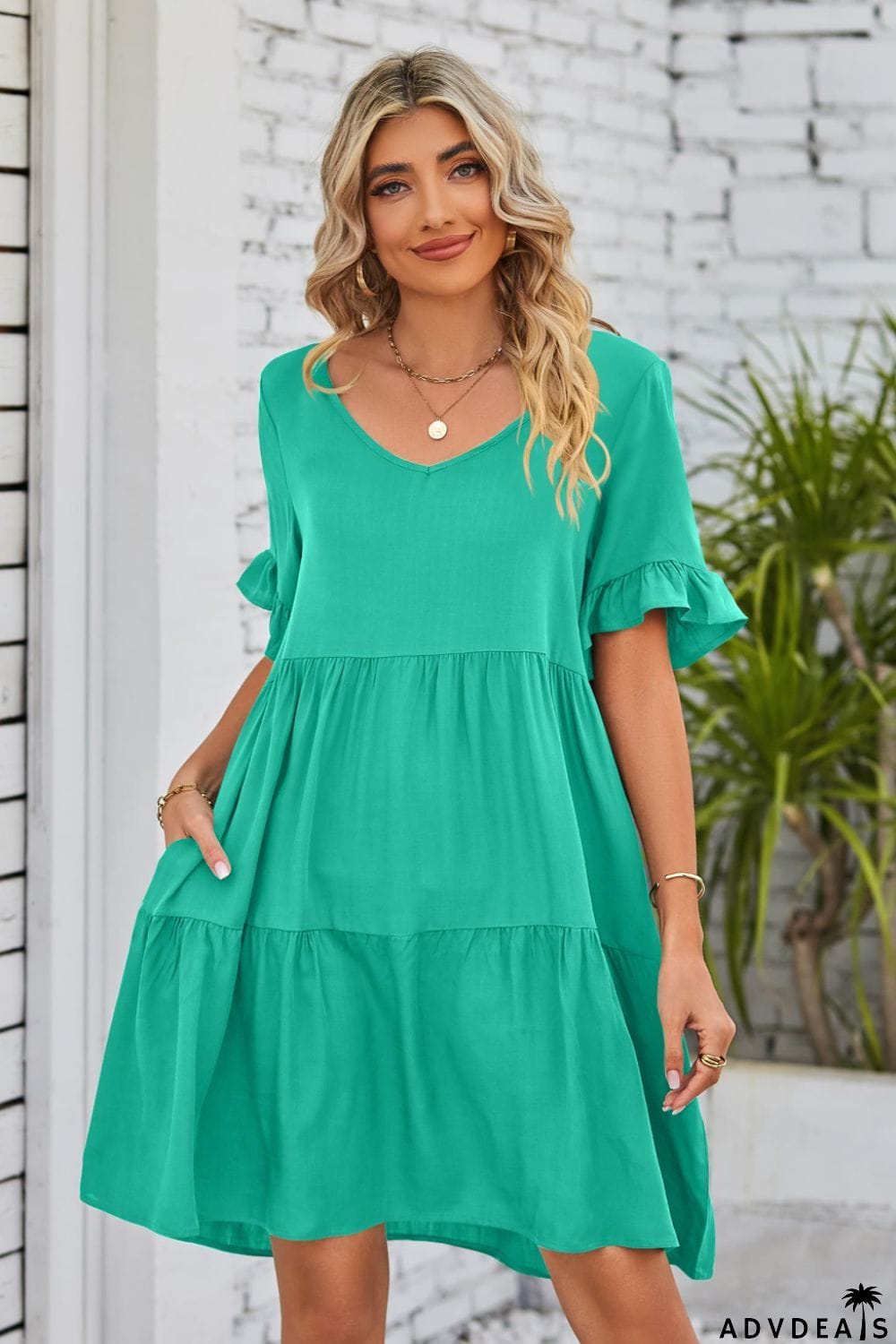 V-Neck Flounce Sleeve Tiered Dress