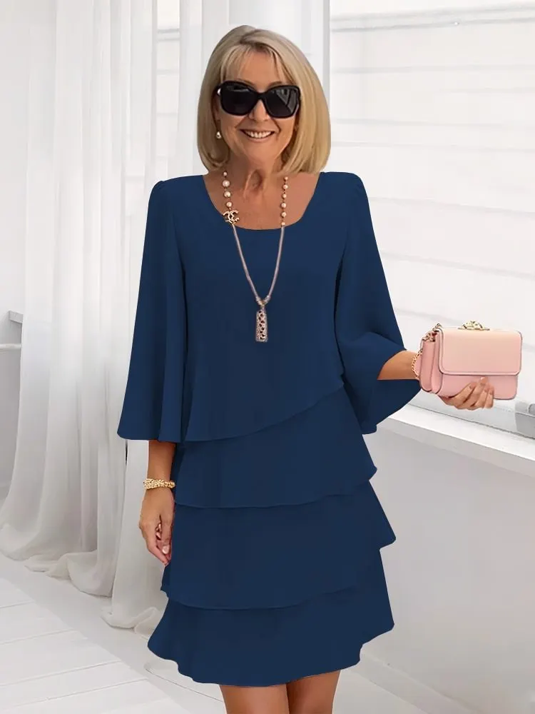 Knee-length Dress Half Sleeve Fashion Cake Skirt Women's Temperament Loose and Thin Round Neck Dress