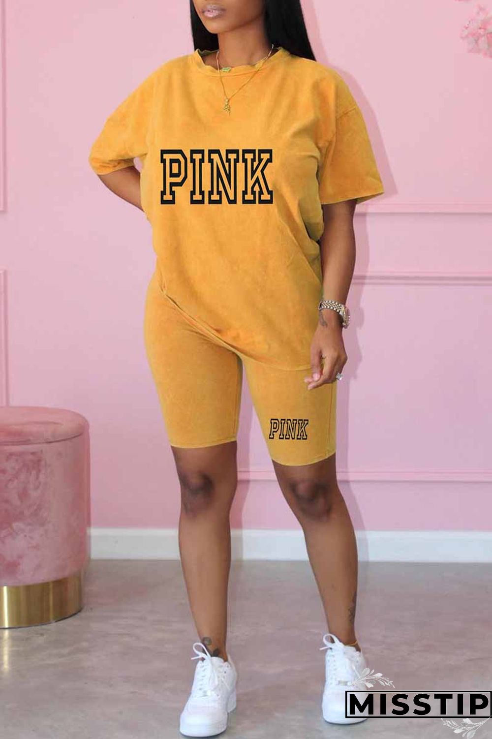 Khaki Casual Print Letter O Neck Short Sleeve Two Pieces