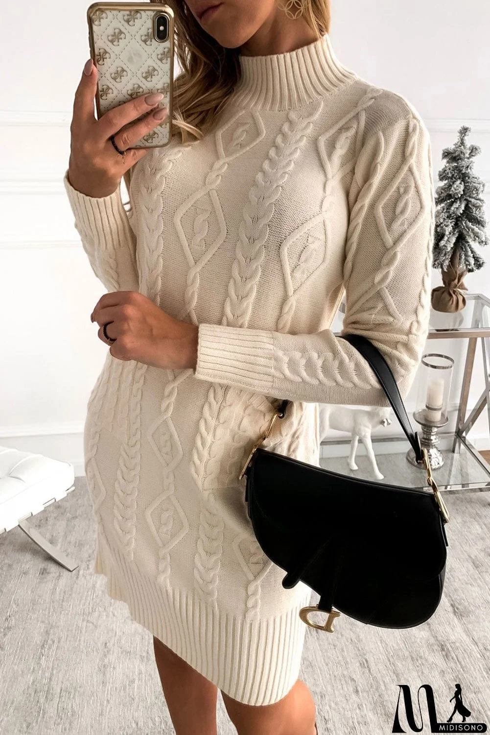 MidiSono - Beige High Neck Textured Bodycon Sweater Dress