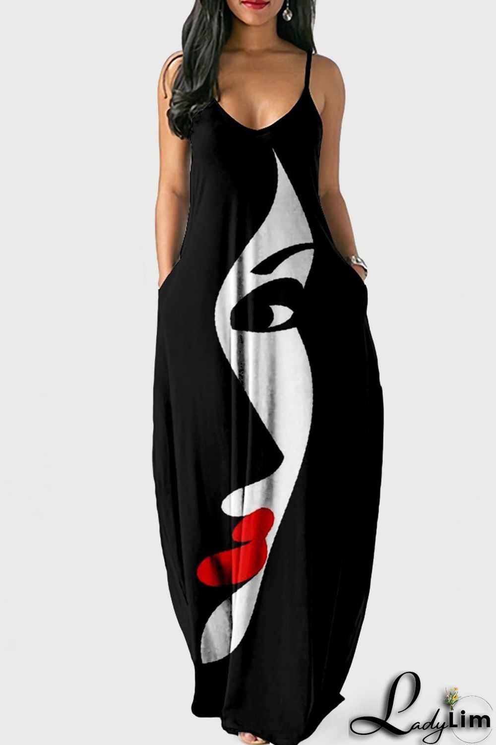 White Blue Fashion Sexy Print Backless Spaghetti Strap Long Dress