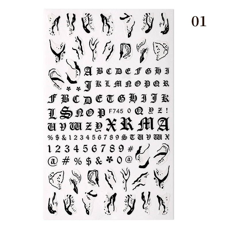 1PC Black Rose Flower Leaves 3D Nail Stickers Colorful Lines Waves Alphabet Sticker Slider Nail Art Decoration For Manicuring