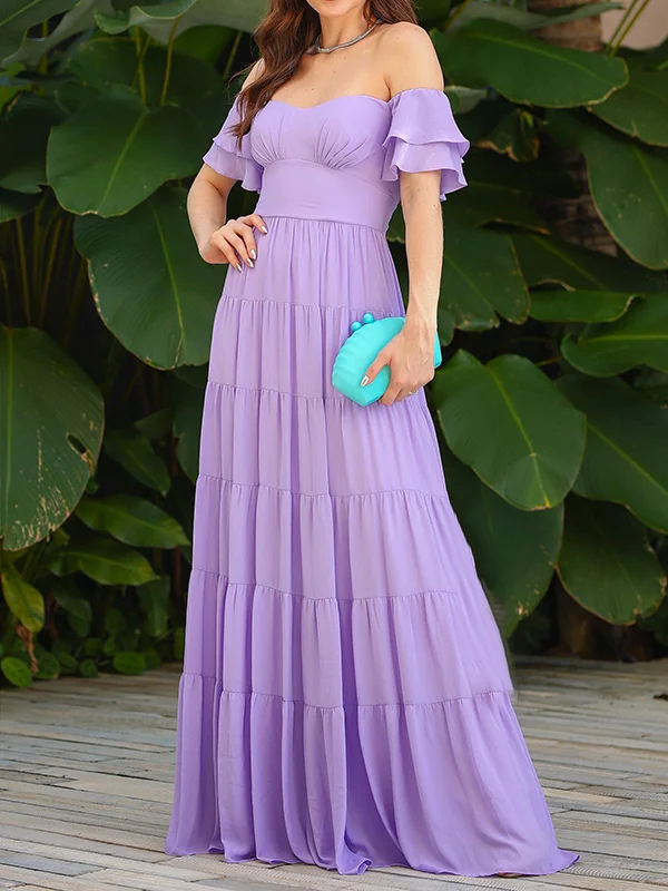 Plain Pleated Empire Short Sleeves Off-The-Shoulder Maxi Dresses