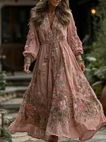 Women's Bohemian Floral Lace V-neck Comfy Maxi Dress