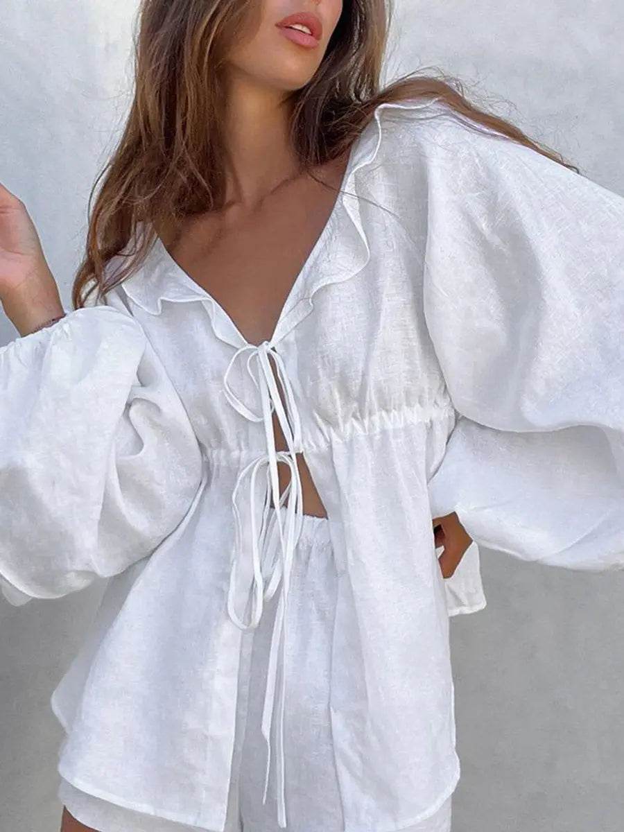 Wiholl Summer Ruffles Lace Up Long Sleeve White Tops And Shorts Co Ord Sets