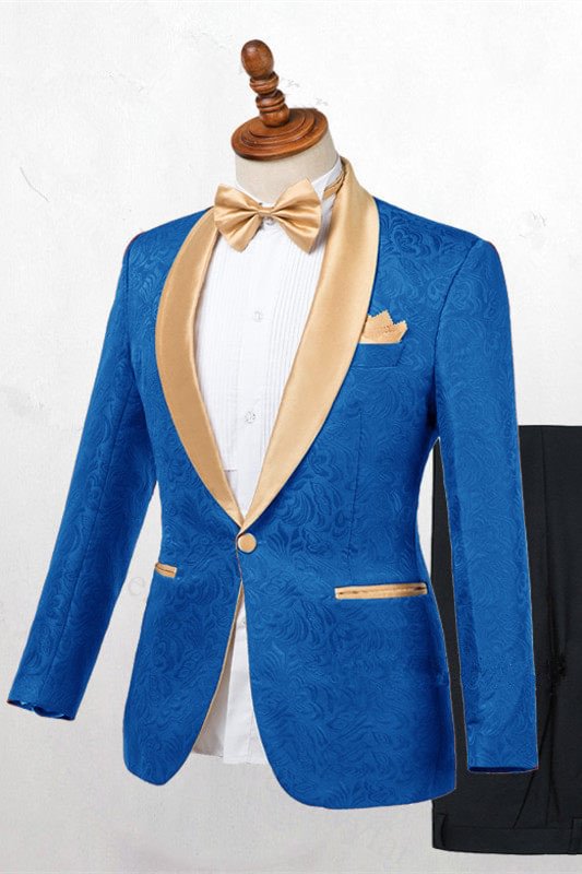 Blue Shawl Lapel Unique Men's Wedding Suit With Jacquard | Ballbellas Ballbellas