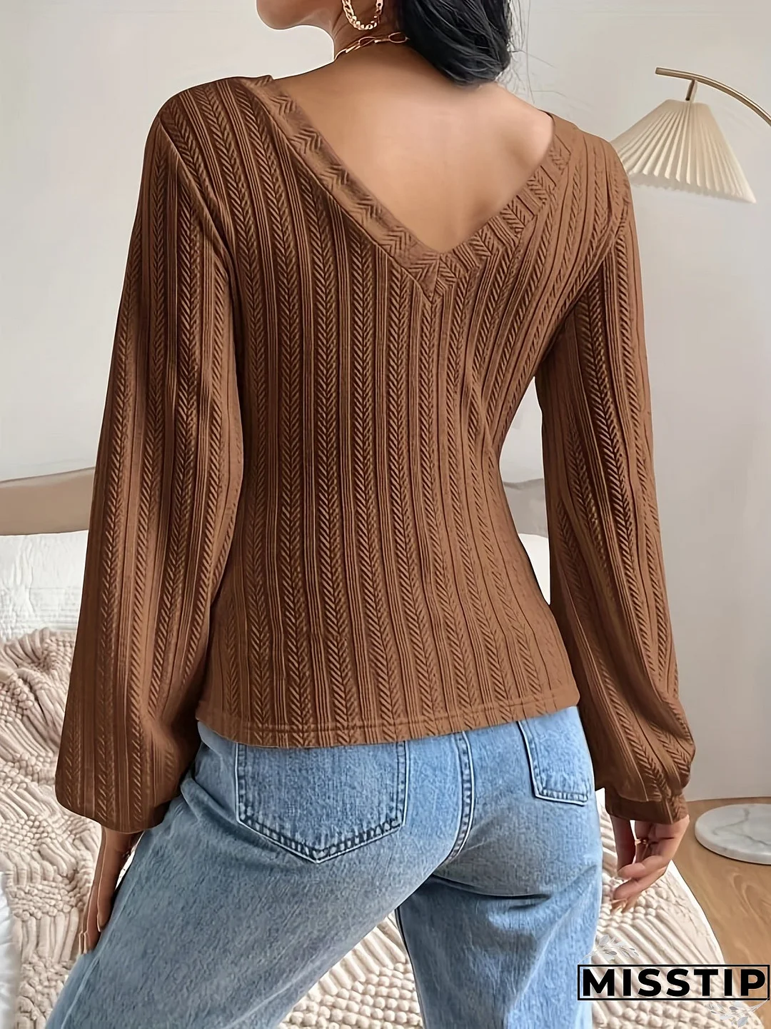 Solid Bishop Sleeve T-Shirt, Casual V-neck T-Shirt For Spring & Fall, Women's Clothing