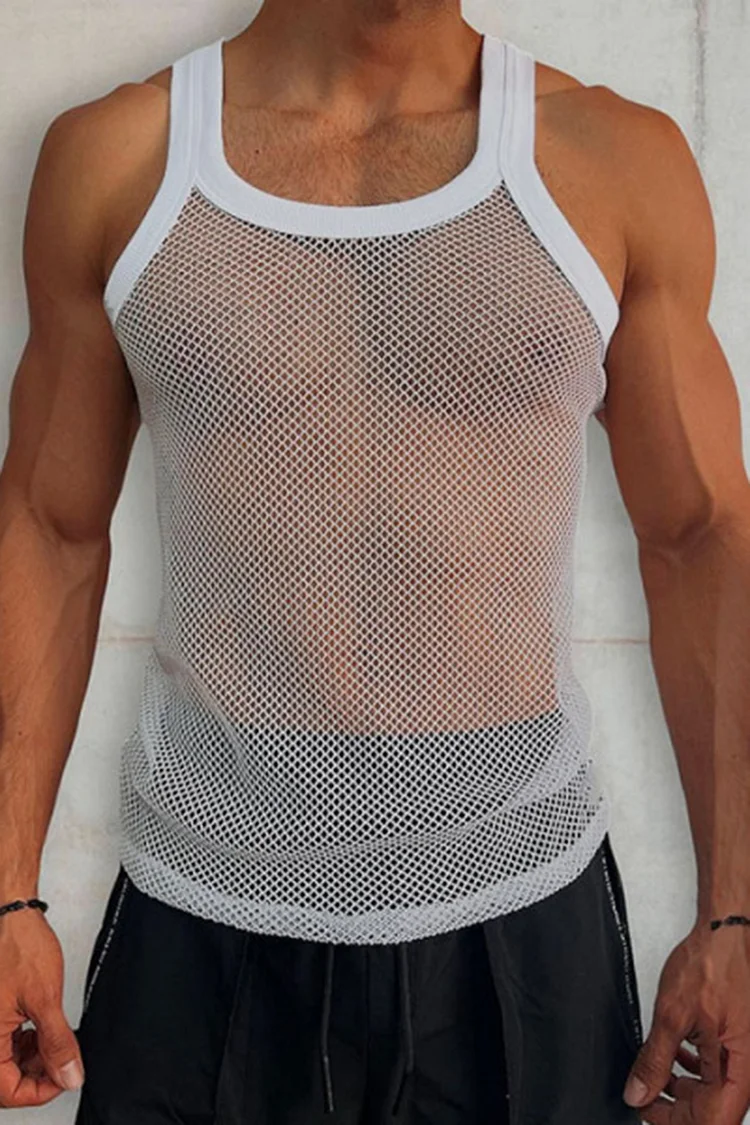 Casual Fishnet See Through White Tank Top