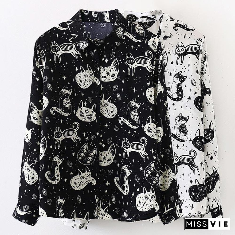 Cute Kitten Print Long Sleeve Shirt