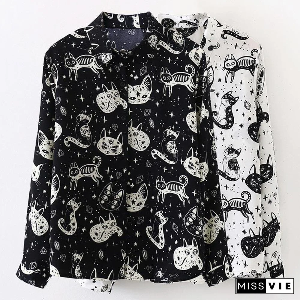 Cute Kitten Print Long Sleeve Shirt