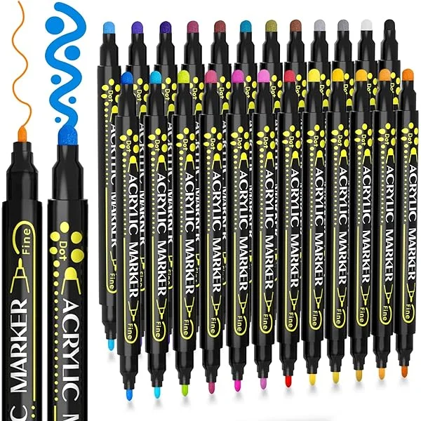 Dual Tip Acrylic Paint Pens Markers: 24 Colors Acrylic Paint Marker with Fine Tip Medium Tip, Premium Paint Pen for Rock Painting, Wood, Canvas, Fabric, Ceramic, Glass, Kids Adults DIY Crafts Supplies