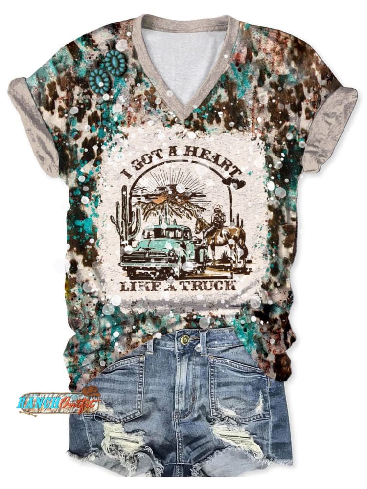 Retro I Got A Heart Like Truck Western Art Print Casual T-Shirt Multicolor / S
