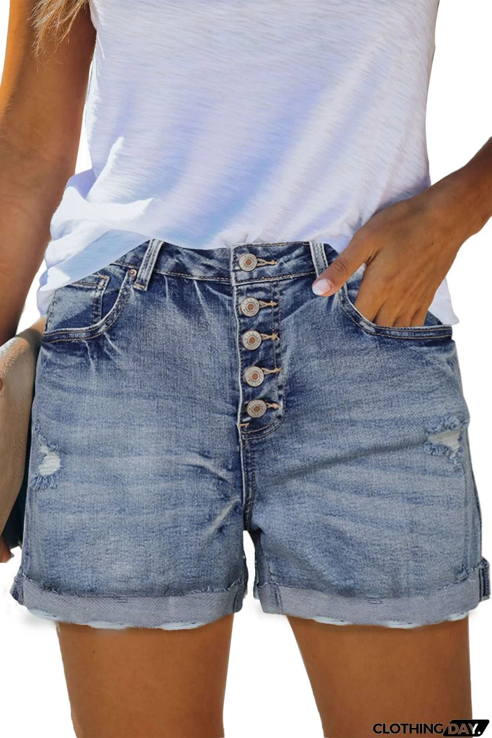 High Rise Button Fly Distressed Denim Shorts