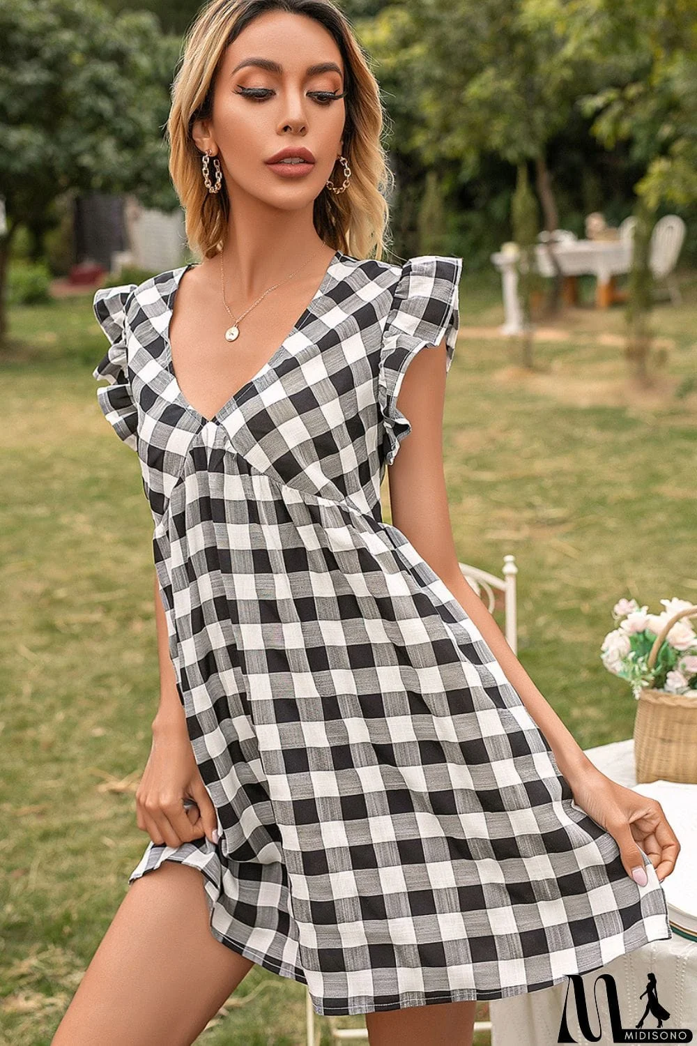 MidiSono - Plaid Butterfly Sleeve Deep V Dress