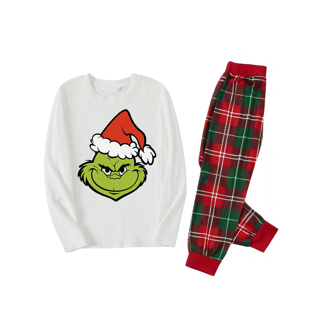 2024 Smile Green Elf Cartoon Pattern Contrast White Long Sleeve with Classic Red and Green Plaid Pants Family Matching Pajamas