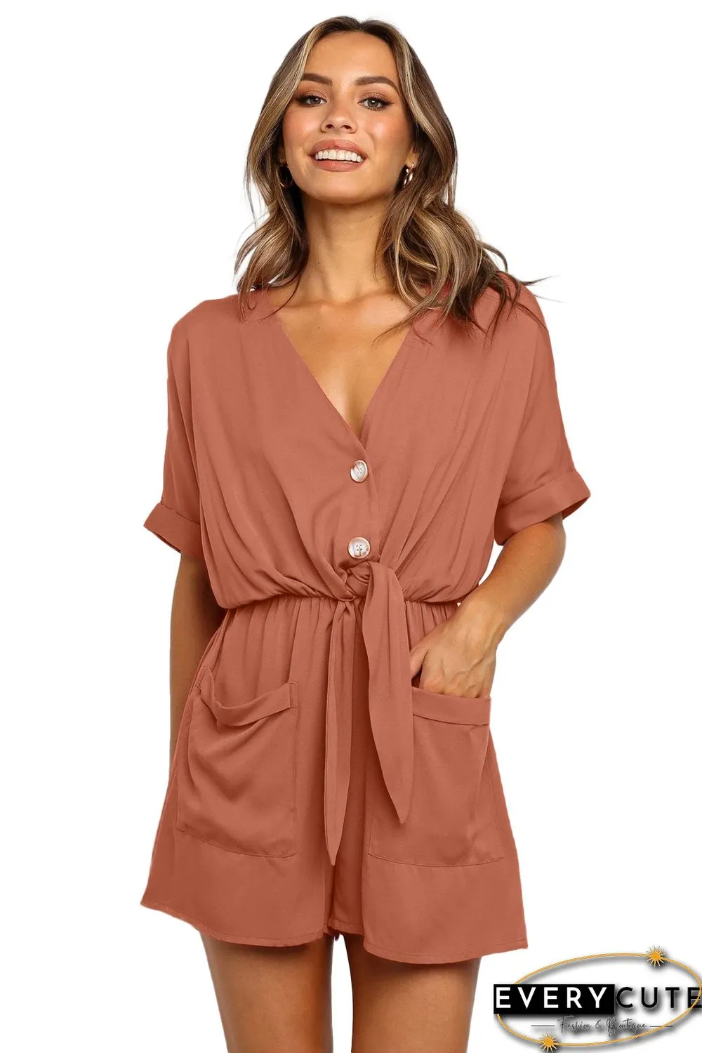Rust V Neck Tunic Romper with Pockets