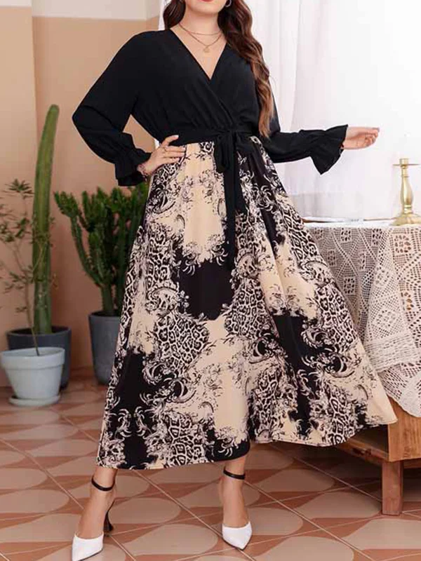 Printed Long Sleeves Loose V-neck Maxi Dresses