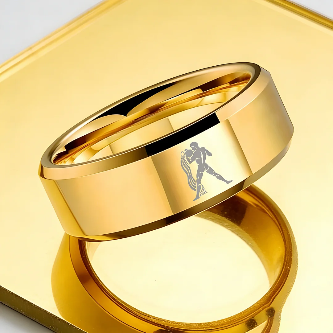 Beveled Edges Gold Laser Etched Tungsten Carbide Rings Gold Aquarius Couple Wedding Band 4MM 6MM 8MM Width