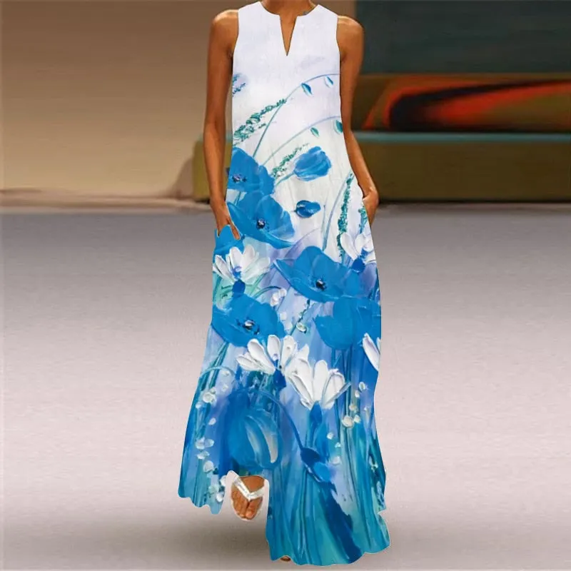 Bohemian Printed Sleeveless Maxi Dress Women Casual V-neck Robe Dresses Female Plus Size Beach Holiday Dress