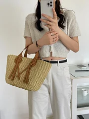 Ejiekang Hot Portable Woven Shoulder Bags Summer Tassel Women's Bag Straw Bag Fashion Beach Bag Summer Basket Bag Big  hand bag woven bag