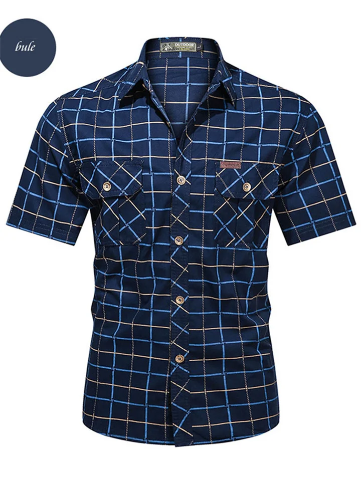 Business Casual Plaid Short-sleeved Shirt Young Men's Cotton Loose Military Uniform Lapel Basic Paragraph Shirt Thin Cardigan