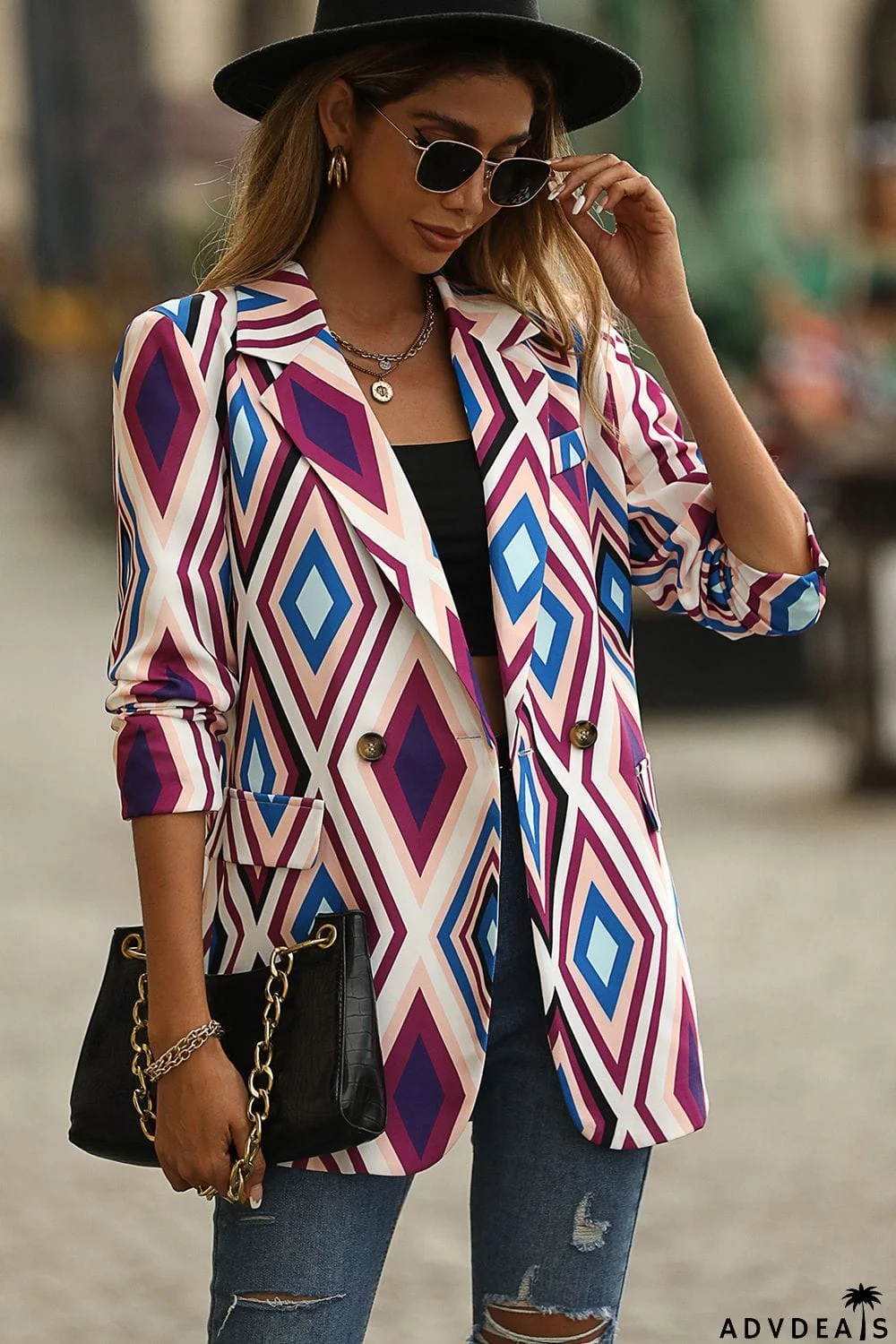 Geometrical Pattern Lapel Collar Blazer with Pocket