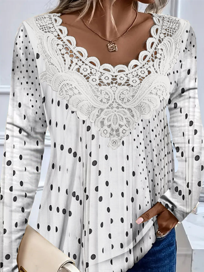 Women's Long Sleeve Scoop Neck Polka Dot Printed Lace Stitching Top