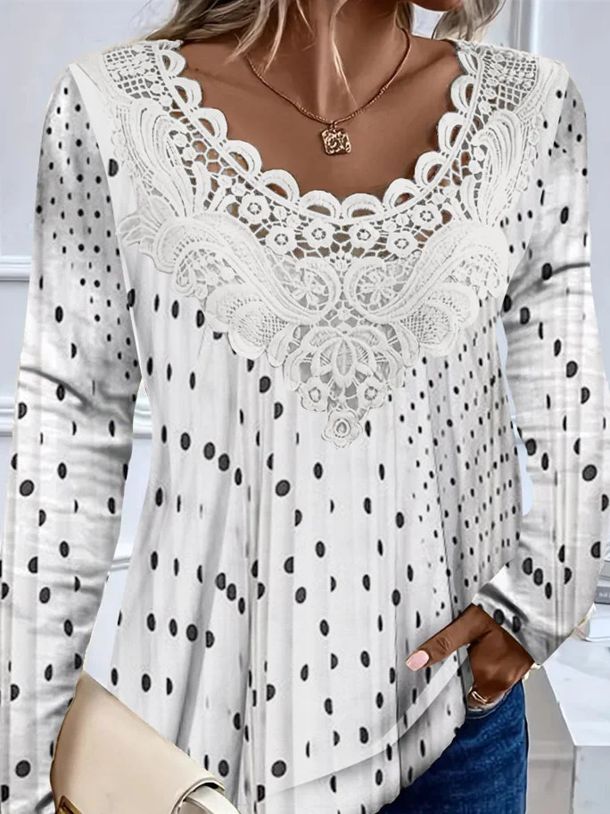 Women's Long Sleeve Scoop Neck Polka Dot Printed Lace Stitching Top